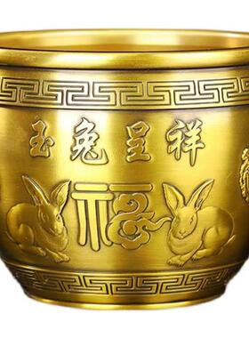 玉兔呈祥2023兔年吉祥黄铜聚宝盆家居办公室摆设收藏送礼