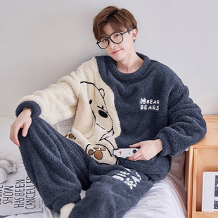 全棉纯棉秋冬季睡衣男士珊瑚绒圆领加厚加绒男孩学生卡通法兰绒家