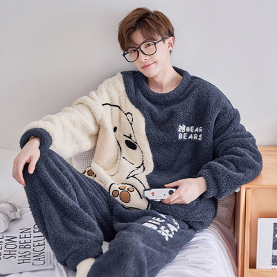 全棉纯棉秋冬季睡衣男士珊瑚绒圆领加厚加绒男孩学生卡通法兰绒家