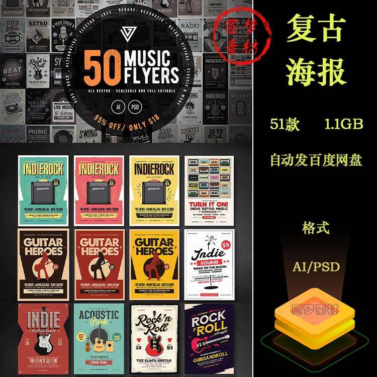 复古音乐演唱会夜店酒吧乐队派对聚会传单DM海报AI/PSD模板素材