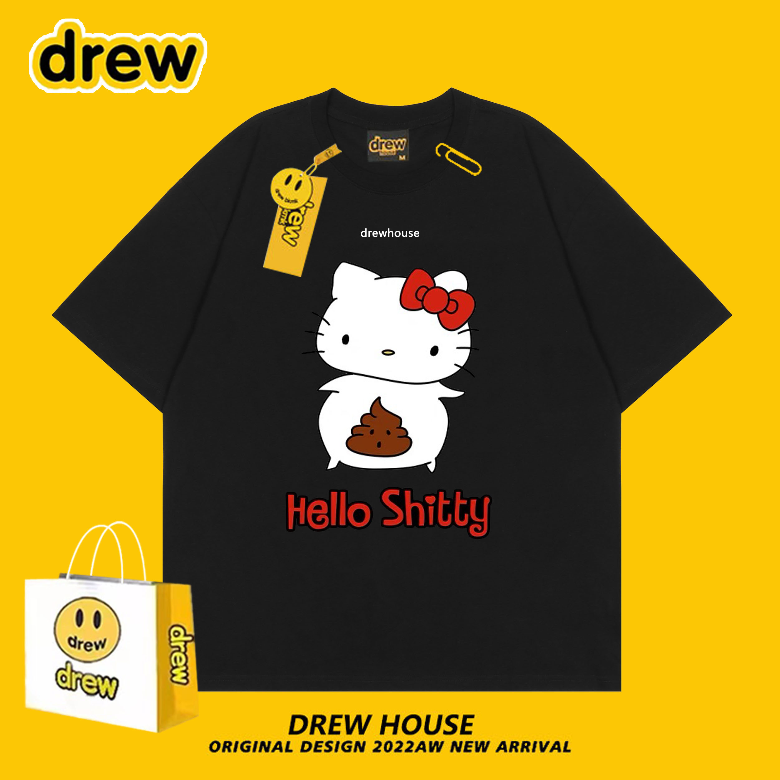 Drew house笑脸HelloKitty搞怪卡通联名款百搭纯棉夏季情侣款T恤