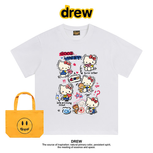 Drew美式潮牌KT猫猫短袖t恤男女街头百搭情侣宽松百搭上衣