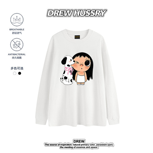 Drew卡通印花长袖T恤男女宽松圆领百搭情侣装上衣