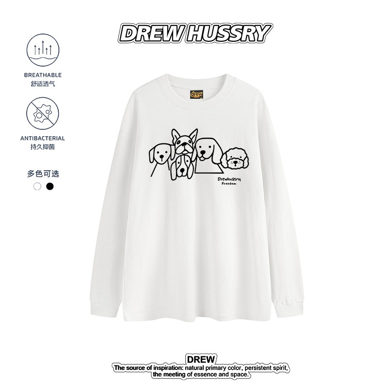 DREW HUSSRY美式潮牌小狗印花长袖T恤男女纯棉百搭宽松情侣上衣图片