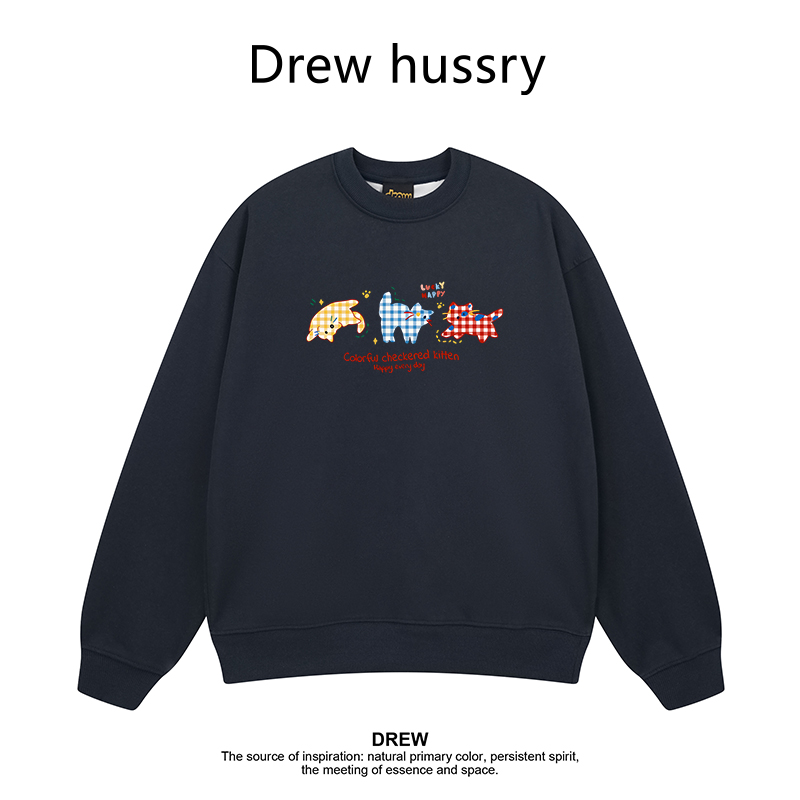 Drew美式潮牌猫咪卡通印花圆领卫衣春秋东男女情侣款慵懒风上衣