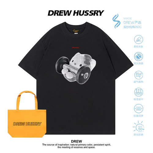 Drew美式潮牌举重KT猫印花短袖T恤男女同款纯棉创意百搭情侣半袖