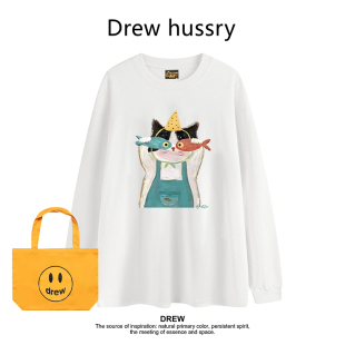 Drew美式潮牌卡通小猫印花打底衫夏季圆领正肩长袖T恤男女款上衣