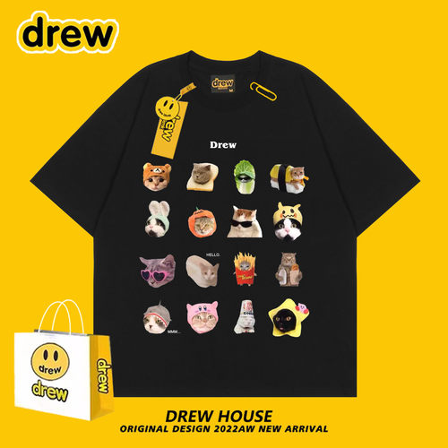 Drew笑脸2024新款猫咪全家福T恤男女纯棉圆领百搭宽松休闲半袖ins
