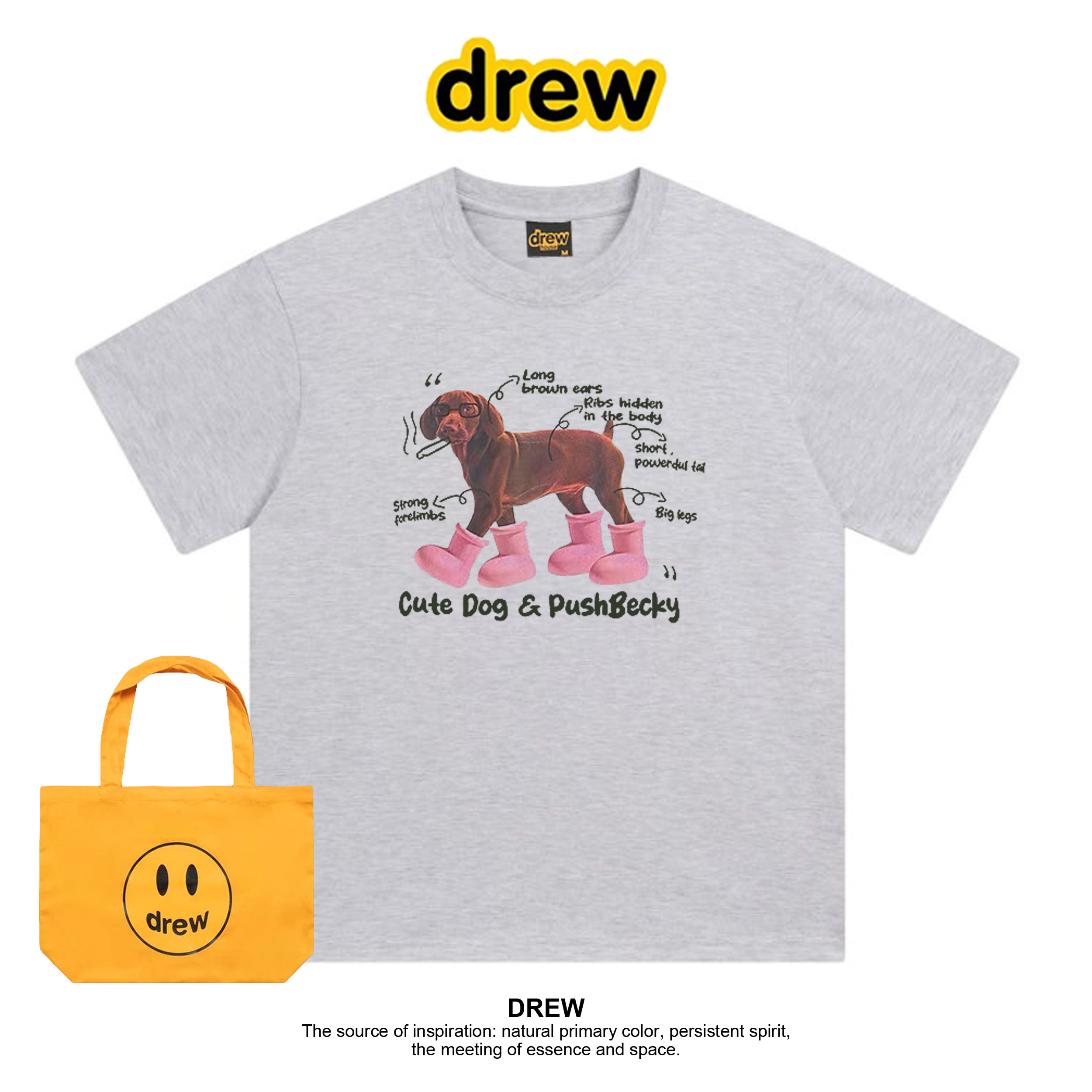 Drew笑脸oversize宽松复古狗狗印花白色正肩短袖t恤情侣装上衣ins