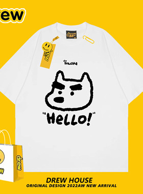 Drew笑脸浓眉狗狗T恤可爱夏季百搭宽松圆领纯棉情侣款休闲短袖ins