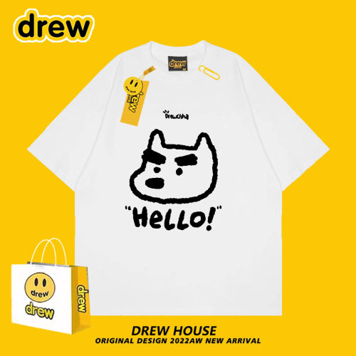 Drew笑脸浓眉狗狗T恤可爱夏季百搭宽松圆领纯棉情侣款休闲短袖ins