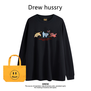 上衣 Drew美式 潮牌猫咪卡通印花春秋打底衫 纯棉长袖 t恤男女半袖