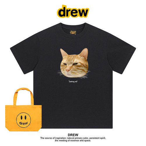 Drew美式潮牌猫咪蔑视抽象夏季正肩纯棉短袖T恤男女半袖减龄上衣