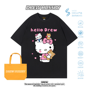 Drew美式潮牌KT猫印花短袖T恤男女情侣纯棉宽松百搭卡通上衣半袖