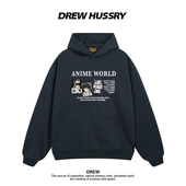 Drew美式 潮牌趣味卡通印花连帽卫衣男女秋冬加绒加厚情侣装 上衣