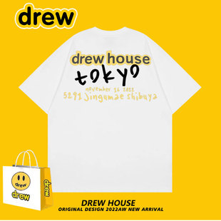 短袖 情侣同款 T恤 潮牌男女宽松夏季 Drew笑脸日本东京快闪限定美式