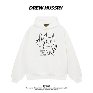 Drew美式潮牌中指猫咪印花连帽纯棉连帽卫衣男女秋冬情侣装上衣