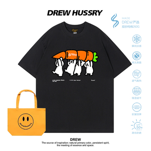 潮牌休闲宽松半袖 T恤男女宽松纯棉上衣夏季 卡通印花短袖 Drew美式