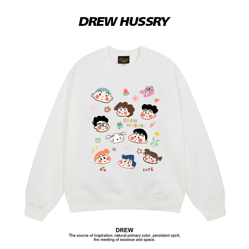 Drew美式潮牌蜡笔小新卡通印花圆领卫衣男女宽松百搭情侣装上衣