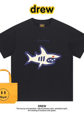 Drew美式潮牌呲牙鲨鱼字母印花百搭休闲男女同款纯棉圆领短袖T恤