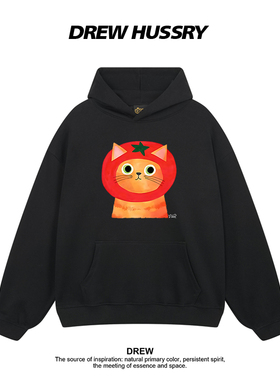 Drew美式卡通番茄猫咪可爱印花连帽卫衣男女情侣宽松百搭黑色帽衫