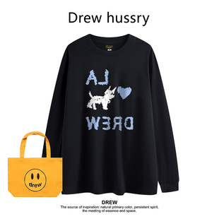 Drew美式潮牌涂鸦小狗印花圆领纯棉长袖T恤春秋打底衫情侣装上衣