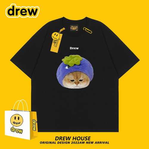 Drew笑脸猫猫T恤百搭可爱沮丧猫咪圆领纯棉情侣款休闲宽松短袖ins