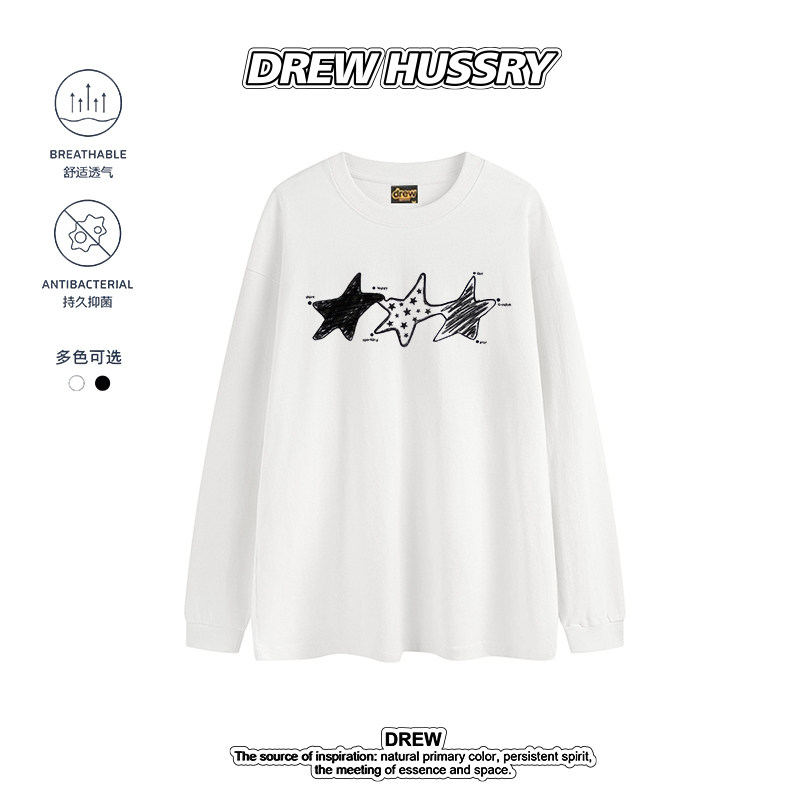 DREW HUSSRY美式设计感手绘星星印花纯棉长袖T恤男女宽松上衣图片