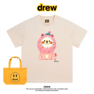 Drew美式潮牌卡通狮子印花休闲圆领纯棉短袖T恤男女休闲情侣上衣