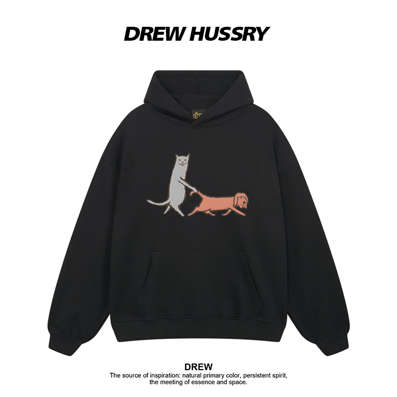 Drew美式潮牌趣味小狗印花连帽卫衣男女秋冬加绒加厚情侣装上衣