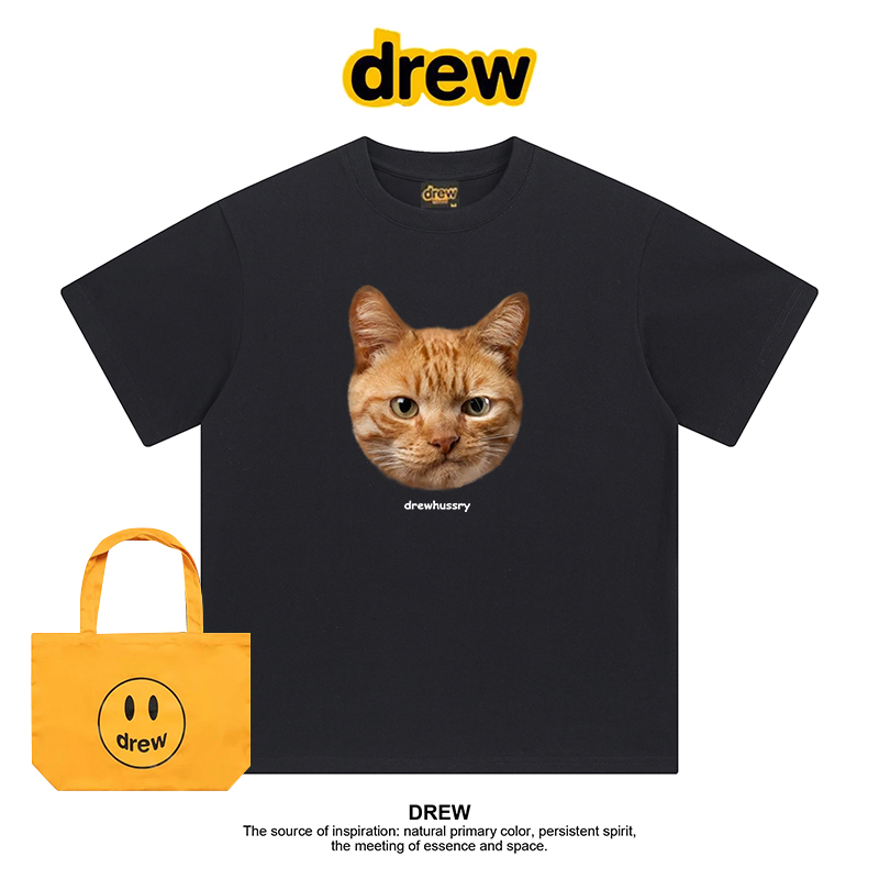 Drew美式潮牌搞怪橘猫印花休闲百搭正肩纯棉短袖女T恤男情侣上衣
