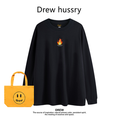 Drew美式潮牌小火苗印花简约休闲百搭纯棉长袖T恤打底衫情侣上衣