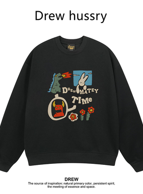 Drew美式潮牌卡通印花圆领卫衣秋冬加绒加厚宽松休闲情侣装上衣