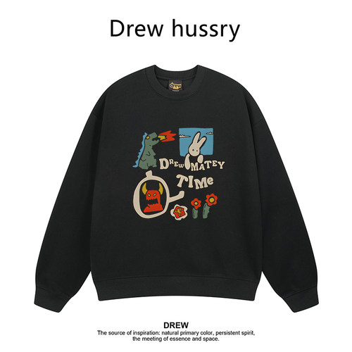 Drew美式潮牌卡通印花圆领卫衣秋冬加绒加厚宽松休闲情侣装上衣