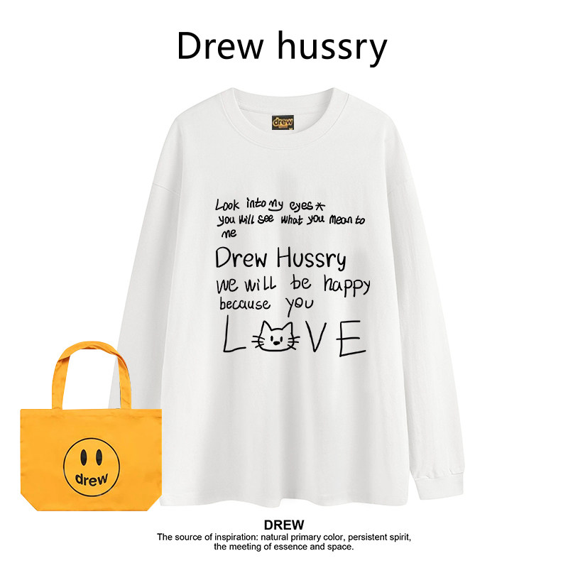 Drew美式潮牌趣味小猫印花打底衫休闲百搭情侣装圆领长袖T恤上衣图片