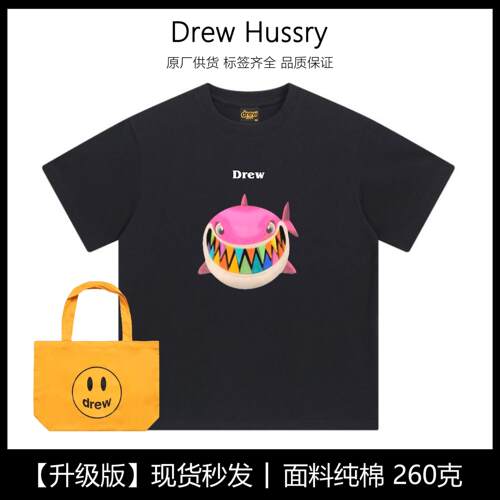 Drew卡通鲨鱼纯棉短袖t恤情侣款可爱休闲百搭宽松oversize上衣ins