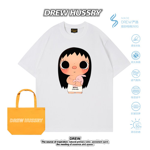 Drew美式潮牌卡通小女孩印花短袖T恤男女纯棉圆领宽松上衣半袖ins