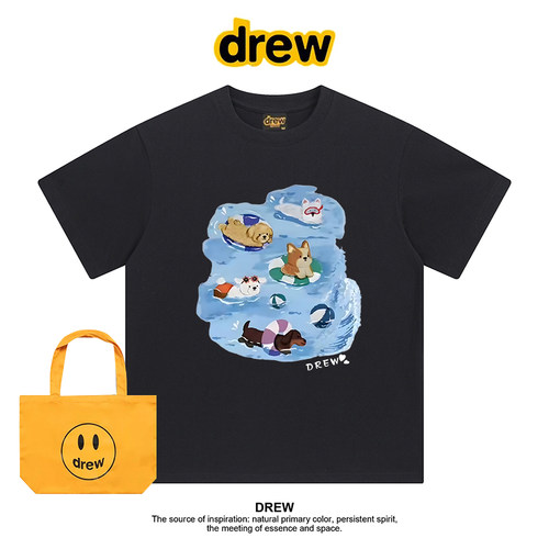 Drew美式潮牌卡通游泳小狗印花休闲圆领纯棉短袖T恤男女情侣上衣