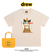 Drew美式 潮牌趣味猫咪印花休闲百搭正肩短袖 男女T恤休闲情侣上衣