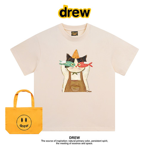 Drew美式潮牌趣味猫咪印花休闲百搭正肩短袖男女T恤休闲情侣上衣