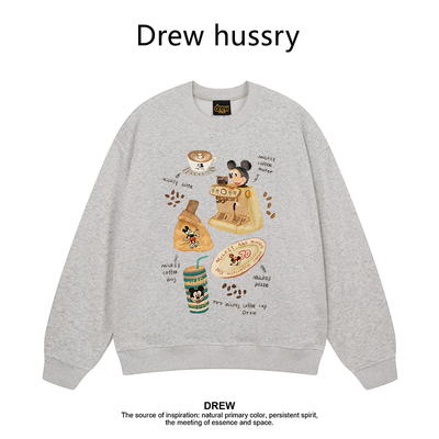 Drew美式潮牌卡通米奇印花圆领卫衣秋冬加绒加厚宽松百搭情侣上衣