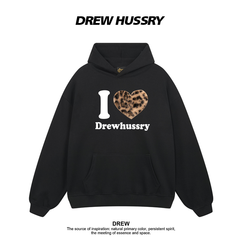 Drew美式潮牌豹纹爱心连帽卫衣春秋男女加绒加厚情侣装上衣帽衫