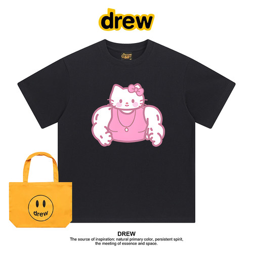 Drew美式潮牌健身KT猫卡通印花ins休闲短袖T恤男女情侣上衣