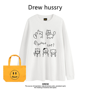 Drew美式潮牌卡通猫咪印花圆领纯棉长袖T恤男女打底衫春秋情侣装