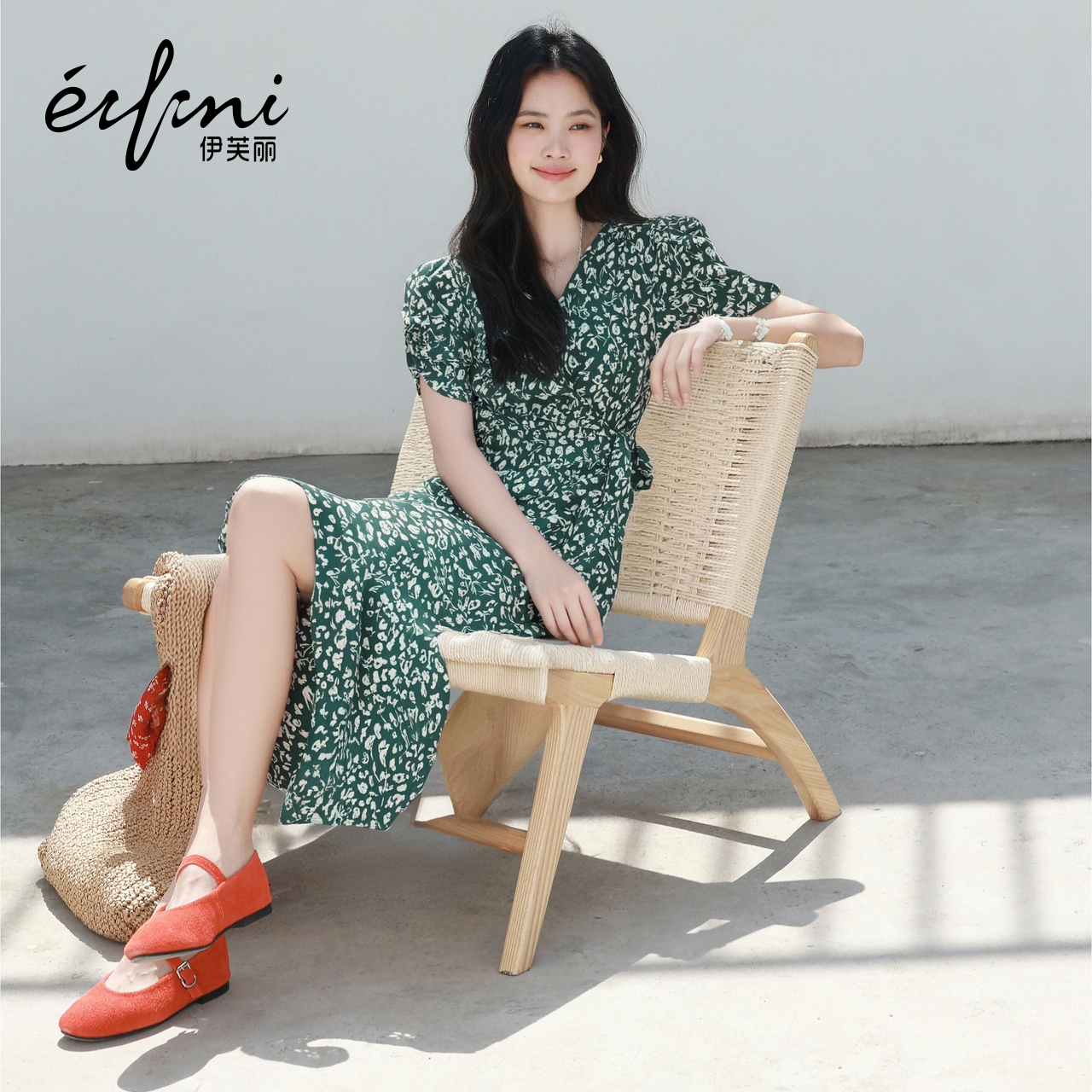 伊芙丽outlets店森系风绿色中长袖连衣裙法式优雅碎花夏长裙女裙