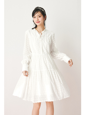 诗凡黎淡人白色波点绣花木耳边连衣裙夏娃娃裙女伊芙丽outlets店