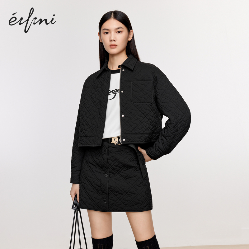 【明星同款】伊芙丽设计感绗缝通勤百搭黑色夹克式棉服女秋季外套