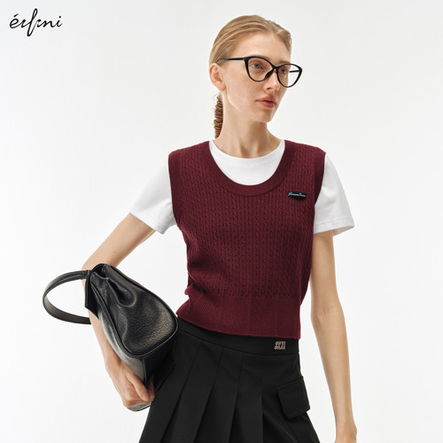 伊芙丽outlets店老钱风酒红绞花毛针织衫针织马甲马夹背心春秋女