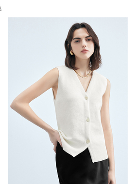 伊芙丽outlets店V领圈圈纱极简休闲白色针织开衫马夹马甲上衣女