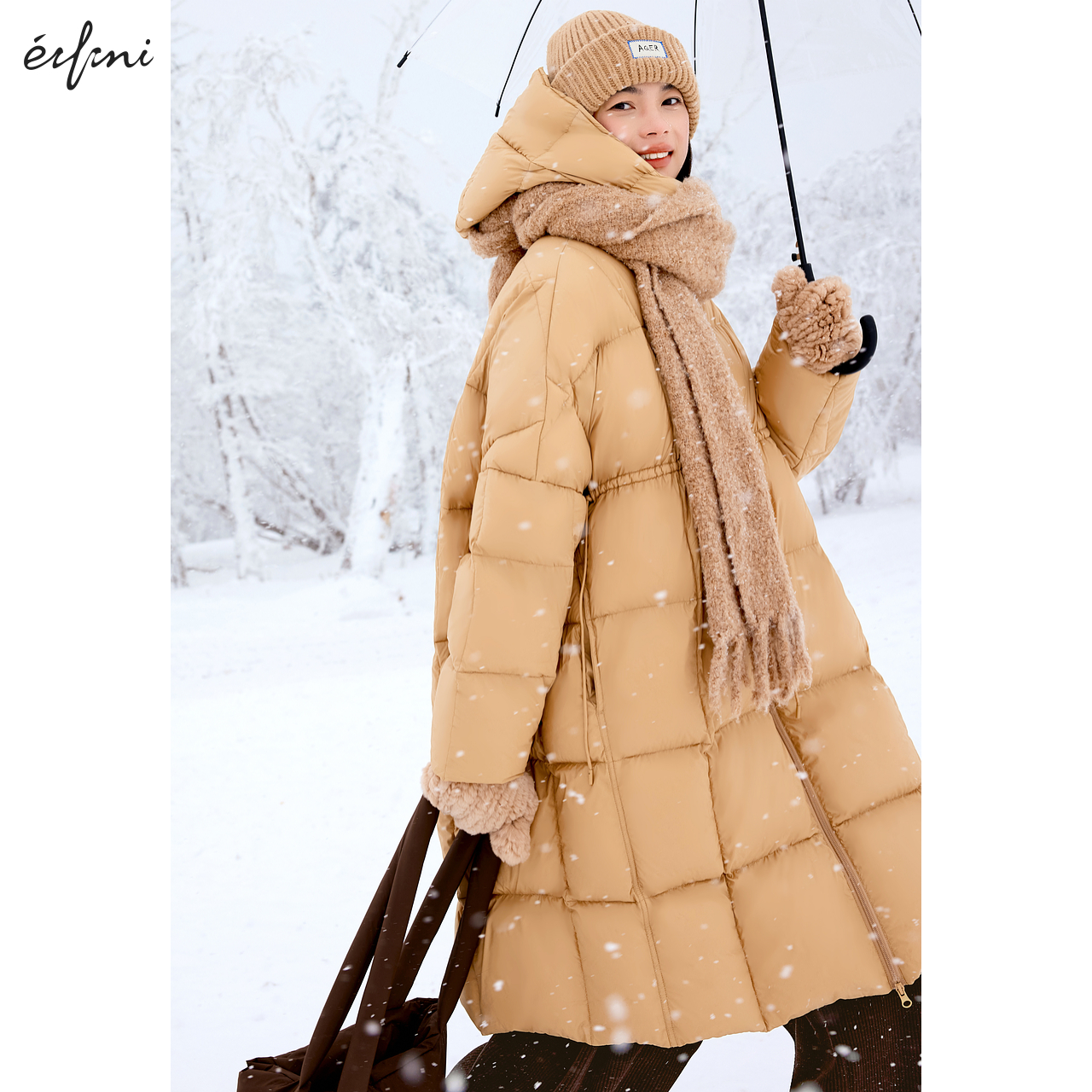 伊芙丽连帽直身中长款保暖不臃肿羽绒服女2024秋装大衣外套